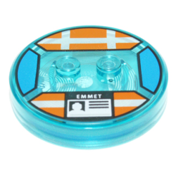 Dimensions Toy Tag 4 x 4 x 2/3 with 2 Studs and Trans-Light Blue Bottom with Silver Stripes and White 'EMMET' ID Badge on Orange Background Pattern (Emmet)
