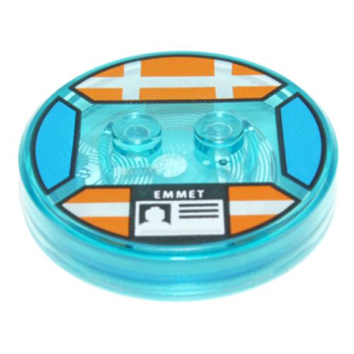 Деталь LEGO 18605c01pb29 Dimensions Toy Tag 4 x 4 x 2/3 with 2 Studs and Trans-Light Blue Bottom with Silver Stripes and White 'EMMET' ID Badge on Orange Background Pattern (Emmet)