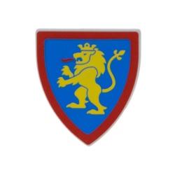 Minifigure, Shield Triangular Short with Yellow Lion Standing with Raised Foot on Blue Background with Red Border Pattern Minifigure, Shield Triangular Short with Yellow Lion Standing with Raised Foot on Blue Background with Red Border Pattern