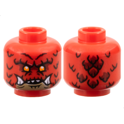 Minifigure, Head Alien Dragon with Orange Eyes, Dark Red Eye Shadow, Dark Tan Chin, Scales, Nostrils, Pronounced Brow, Open Mouth with Sharp Top Teeth and Bottom Fangs Pattern