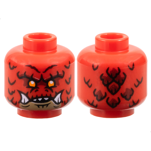 Деталь LEGO 3626pb3783 Minifigure, Head Alien Dragon with Orange Eyes, Dark Red Eye Shadow, Dark Tan Chin, Scales, Nostrils, Pronounced Brow, Open Mouth with Sharp Top Teeth and Bottom Fangs Pattern