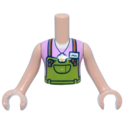 Torso Mini Doll Girl Lime Overalls, Medium Nougat Straps, White Flower Pendant and Name Tag Over Bright Pink Sleeveless Top Pattern, Light Nougat Arms with Hands