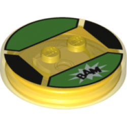 Dimensions Toy Tag 4 x 4 x 2/3 with 2 Studs and Trans-Orange Bottom with Black 'BAM' in White Starburst on Bright Green Background Pattern (Buttercup) Dimensions Toy Tag 4 x 4 x 2/3 with 2 Studs and Trans-Orange Bottom with Black 'BAM' in White Starburst on Bright Green Background Pattern (Buttercup)