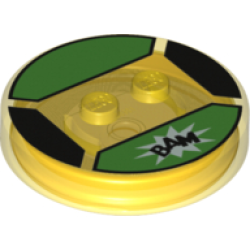 Деталь LEGO 18605c02pb29 Dimensions Toy Tag 4 x 4 x 2/3 with 2 Studs and Trans-Orange Bottom with Black 'BAM' in White Starburst on Bright Green Background Pattern (Buttercup)