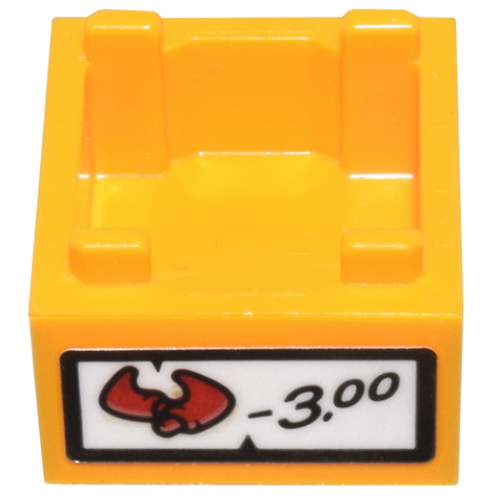 Деталь LEGO 35700pb11 Container, Box 2 x 2 x 1 - Top Opening with Flat Inner Bottom with Red Demon Bull Horns, '3.00' and Black Border Pattern (Sticker) - Set 80036