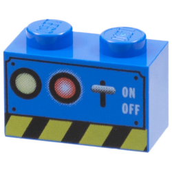 Brick 1 x 2 with Lamps, 'ON' and 'OFF' Switch, Black and Yellow Danger Stripes Pattern Brick 1 x 2 with Lamps, 'ON' and 'OFF' Switch, Black and Yellow Danger Stripes Pattern