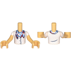 Torso Mini Doll Boy White Shirt with Polka Dots and Three Dark Blue Buttons, and Red, White and Bright Light Blue Bandana Pattern, Medium Tan Arms with Hands with White Short Sleeves