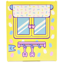 Glass for Window 1 x 6 x 6 Flat Front with Bright Light Blue, Bright Pink and White Cat Heads, Window, Shade and Shelf with Kitchen Utensils Pattern