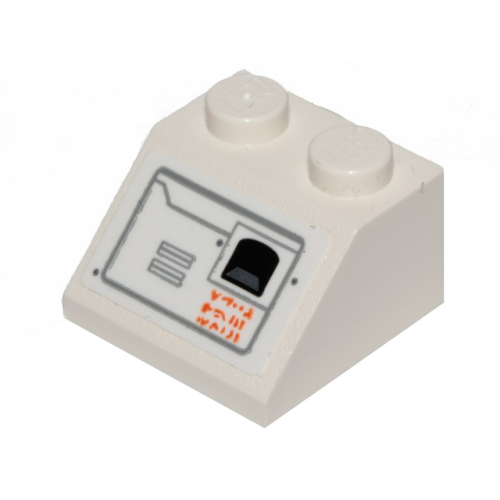 Деталь LEGO 3039pb122R Slope 45 2 x 2 with SW Snowspeeder Vents and Orange Alien Characters, Gray Outline Pattern Model Right Side (Sticker) - Set 75259