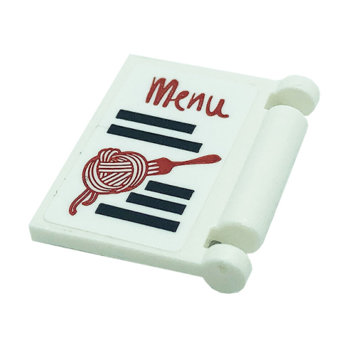 Деталь LEGO 24093pb046 Minifigure, Utensil Book Cover with Black Stripes and Red 'Menu', Noodles, and Fork Pattern (Sticker) - Set 41379