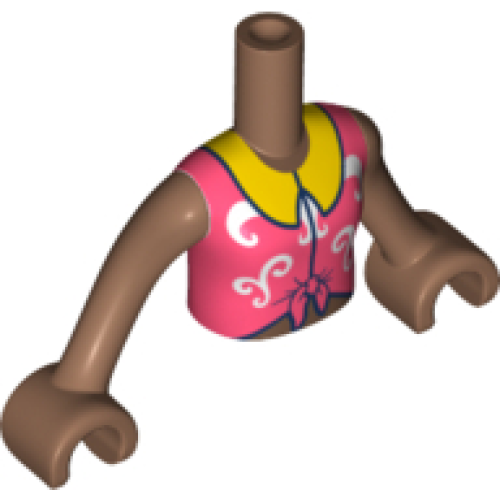 Деталь LEGO FTGpb359c01 Torso Mini Doll Girl Coral Knotted Blouse Top with White Swirls and Yellow Collar Pattern, Medium Brown Arms with Hands