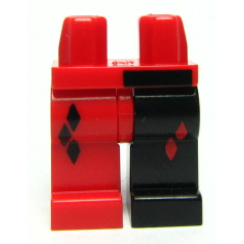 Деталь LEGO 970d03pb01 Hips and 1 Black Left Leg, 1 Red Right Leg with Diamonds, Red Diamonds on Middle, Black Bar Above Left Leg Pattern