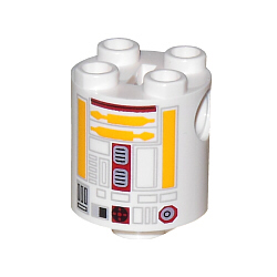 Brick, Round 2 x 2 x 2 Robot Body with Bottom Axle Holder (x Shape / + Orientation) with Yellow Lines and Dark Red Pattern (SW R5-F7) Brick, Round 2 x 2 x 2 Robot Body with Bottom Axle Holder (x Shape / + Orientation) with Yellow Lines and Dark Red Pattern (SW R5-F7)