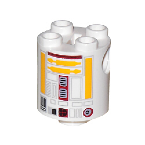 Деталь LEGO 30361cpb018 Brick, Round 2 x 2 x 2 Robot Body with Bottom Axle Holder (x Shape / + Orientation) with Yellow Lines and Dark Red Pattern (SW R5-F7)