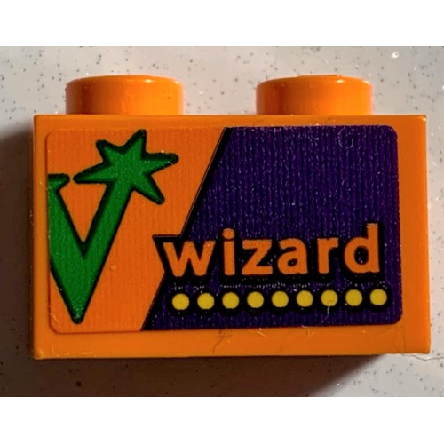 Деталь LEGO 3004pb243 Brick 1 x 2 with 'wizard' and Yellow Dots on Dark Purple Background, Partial Green Letter W Pattern (Sticker) - Set 75978