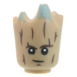 Minifigure, Head, Modified Groot with Dark Brown Tree Bark, Sand Green Moss, Black Eyes with White Pupils, Lopsided Grin Pattern Minifigure, Head, Modified Groot with Dark Brown Tree Bark, Sand Green Moss, Black Eyes with White Pupils, Lopsided Grin Pattern