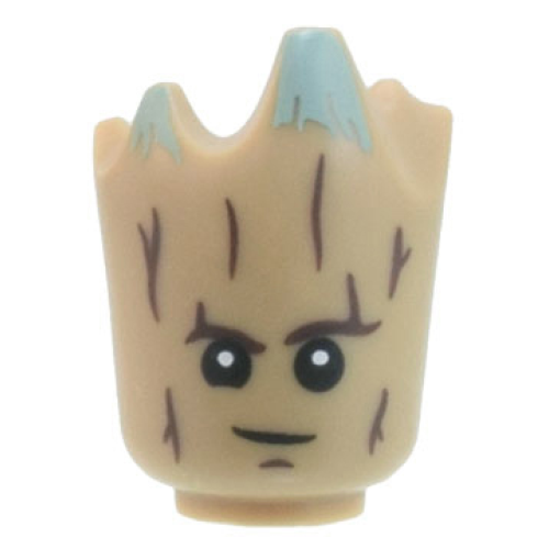 Деталь LEGO 96454pb01 Minifigure, Head, Modified Groot with Dark Brown Tree Bark, Sand Green Moss, Black Eyes with White Pupils, Lopsided Grin Pattern