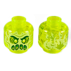 Minifigure, Head Alien Ghost with Yellowish Green Face, Dark Green Thick Eyebrows, Lime Eye Shadow, Furrowed Brow, Green Angry Open Mouth with Slime, Flames on Back Pattern