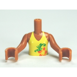 Torso Mini Doll Girl Bright Light Yellow Halter Top with Orange Flower Pattern, Medium Nougat Arms with Hands