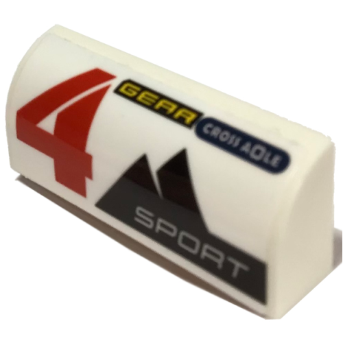 Деталь LEGO 6191pb034L Slope, Curved 1 x 4 x 1 1/3 with Red Number 4, 'CROSS AXLE', 'GEAR', 'SPORT' and Mountains Pattern Model Left Side (Sticker) - Set 60256