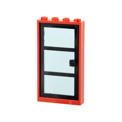 Деталь LEGO 30179c03 Door, Frame 1 x 4 x 6 with 4 Holes on Top and Bottom with Black Door with 3 Panes and Square Handle with Fixed Trans-Light Blue Glass (30179 / x39c01) - Red
