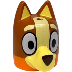 Minifigure, Head, Modified Dog (Cattle) with Straight Ears, Hole on Top with Molded Dark Orange Top and Bright Light Yellow Muzzle and Auricles and Printed Eyes, Eyebrows, Markings and Dark Brown Nose Pattern