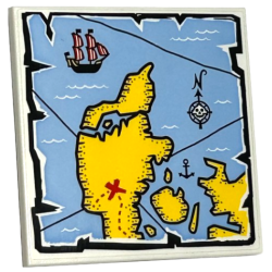 Tile 6 x 6 with Bottom Tubes with Map with Bright Light Blue Water, Yellow Land, Compass Rose, Pirate Ship and Red 'X' Pattern (Sticker) - Set 40504