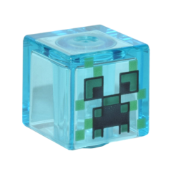 Minifigure, Head, Modified Cube with Pixelated Black and Dark Green Eyes and Open Mouth Frown, Green Spots Pattern (Minecraft Charged Creeper)