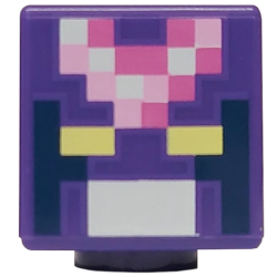 Minifigure, Head, Modified Cube with Pixelated Bright Light Yellow Eyes, White Mouth, Bright Pink and Dark Pink Helmet Pattern (Minecraft Crystal Knight)