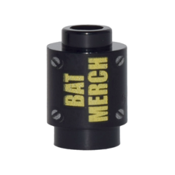 Brick, Round 1 x 1 with Yellow 'BAT MERCH' and Silver Screws Pattern Brick, Round 1 x 1 with Yellow 'BAT MERCH' and Silver Screws Pattern