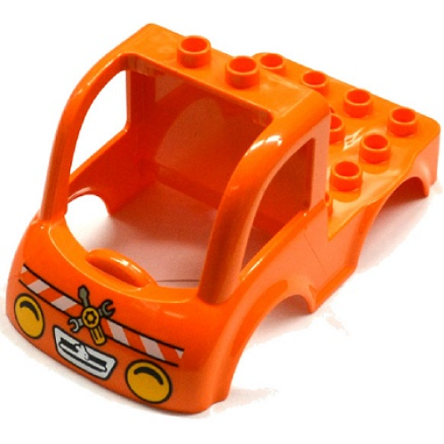 Деталь LEGO 15453pb03 Duplo Car Body Truck 4 x 4 Flatbed with 2 Top Studs, Grille and Headlights, White Danger Stripes, Wrench and Screwdriver Pattern