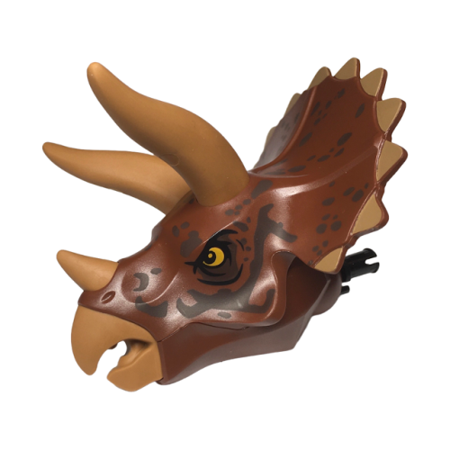 Деталь LEGO TriHeadc01pb04 Dinosaur Head Triceratops with Pin, Medium Nougat Horns and Beak, and Dark Brown Markings Pattern
