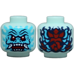 Minifigure, Head Alien Dragon with Medium Azure Face, Red Eyes, Dark Blue Eyebrows and Nostrils, Open Mouth with Fangs and Sharp Teeth, Scales and Swirls on Back Pattern