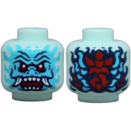 Деталь LEGO 3626pb3885 Minifigure, Head Alien Dragon with Medium Azure Face, Red Eyes, Dark Blue Eyebrows and Nostrils, Open Mouth with Fangs and Sharp Teeth, Scales and Swirls on Back Pattern