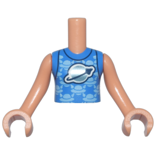 Деталь LEGO FTGpb464c01 Torso Mini Doll Girl Blue Shirt with Metallic Light Blue Classic Space Logo and Bright Light Blue Spaceships Pattern, Nougat Arms with Hands