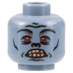 Minifigure, Head Alien Troll with Black Eyebrows, Eyelids, Nose, Cheek Lines, and Chin Dimple, Red Eyes and Nostrils, Open Mouth with Teeth Parted Pattern