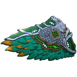 Plastic Part for Set 80056 - Dragon Wing Left with Silver and Dark Green Head, Chains, and Armor, Dark Turquoise and Orange Feathers Pattern