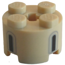 Brick, Round 2 x 2 with Axle Hole with 2 Black and Light Bluish Gray Castle Windows Pattern