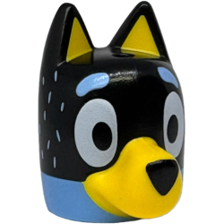 Minifigure, Head, Modified Dog (Cattle) with Straight Ears, Hole on Top with Molded Black Top and Yellow Muzzle and Auricles and Printed Eyes, Nose, Bright Light Blue Eyebrows and Fur Pattern