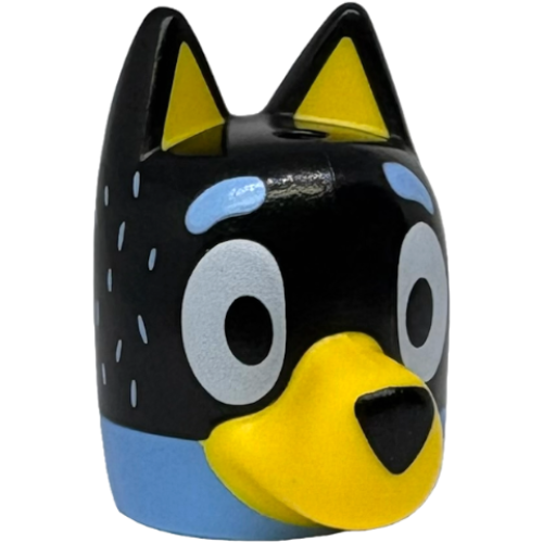 Деталь LEGO 109806pb02 Minifigure, Head, Modified Dog (Cattle) with Straight Ears, Hole on Top with Molded Black Top and Yellow Muzzle and Auricles and Printed Eyes, Nose, Bright Light Blue Eyebrows and Fur Pattern