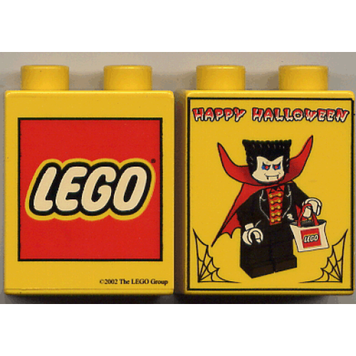 Деталь LEGO 4066pb121 Duplo, Brick 1 x 2 x 2 with Halloween 2002 Happy Halloween Pattern (LEGO logo)