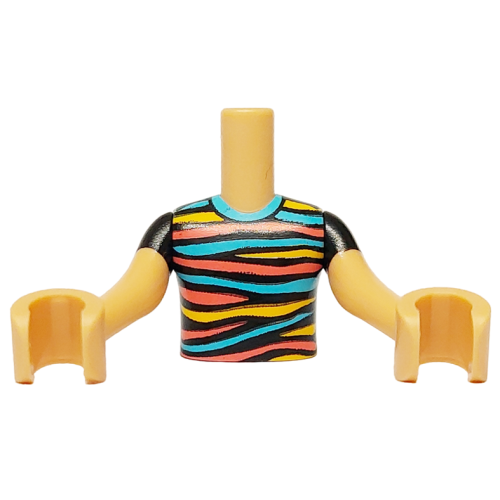 Деталь LEGO FTBpb113c01 Torso Mini Doll Boy Black Shirt with Bright Light Orange, Coral and Medium Azure Stripes Pattern, Medium Tan Arms with Hands with Black Short Sleeves
