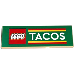 Tile 2 x 6 with LEGO Logo, White 'TACOS', and Red and Yellow Stripes Pattern