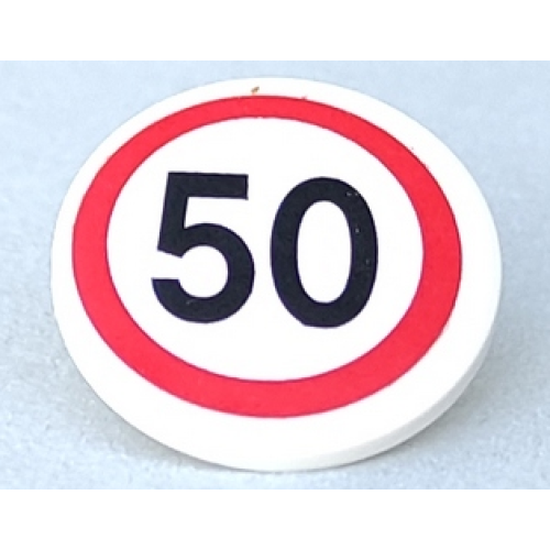 Деталь LEGO 30261pb017 Road Sign 2 x 2 Round with Clip with Black '50' in Red Circle Pattern (Sticker) - Set 8401