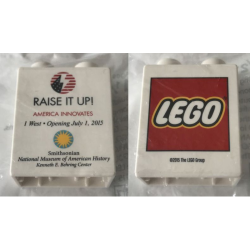 Деталь LEGO 4066pb537 Duplo, Brick 1 x 2 x 2 with Raise it Up! Opening July 1, 2015 Smithsonian Pattern