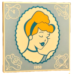 Tile 4 x 4 with Bright Light Orange and Dark Azure Cinderella Portrait in Oval Frame with White Filigree, '1950', Clock Face, Glass Slipper, Gus and Pumpkin on Bright Light Blue Background Pattern