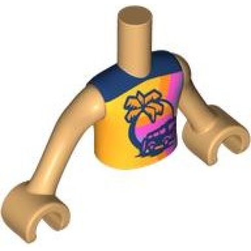 Деталь LEGO FTBpb124c01 Torso Mini Doll Boy Bright Light Orange Sleeveless Shirt with Dark Blue Shoulders, Palm Tree, Van and Sunset Pattern, Medium Tan Arms with Hands