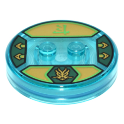 Dimensions Toy Tag 4 x 4 x 2/3 with 2 Studs and Trans-Light Blue Bottom with Gold Dragon Head in Dark Green Hexagon and Bright Green Ninjago Logogram 'Energy' on Gold Background Pattern (Lloyd)