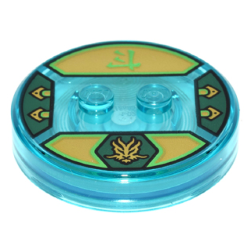 Деталь LEGO 18605c01pb32 Dimensions Toy Tag 4 x 4 x 2/3 with 2 Studs and Trans-Light Blue Bottom with Gold Dragon Head in Dark Green Hexagon and Bright Green Ninjago Logogram 'Energy' on Gold Background Pattern (Lloyd)