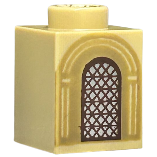 Деталь LEGO 3005pb063 Brick 1 x 1 with Silver Arched Window with Dark Brown Lattice and Dark Tan Arches Pattern